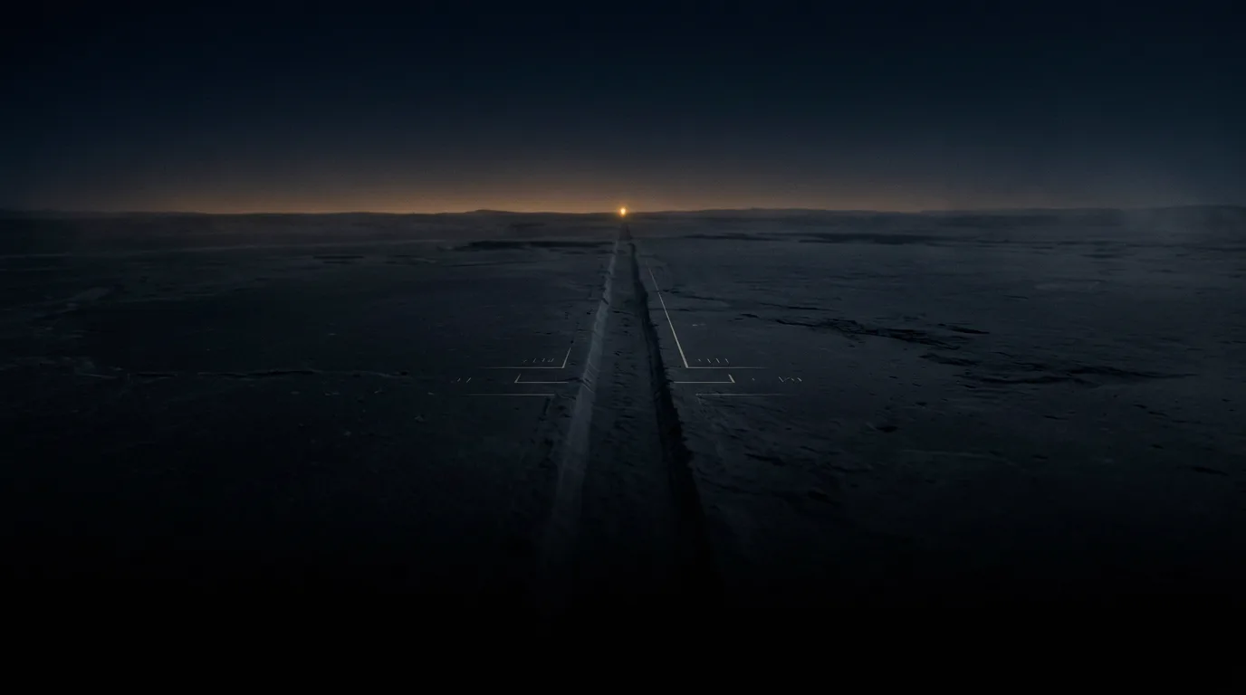 A vast dark monumental plain before a distant glowing horizon, with a single golden spark of light